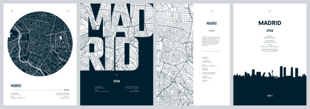 マドリードの旅行ポスターのセット、詳細な都市道路計画の都市地図、シルエット都市のスカイライン、ベクターアートワーク - map global positioning system cartography city map点のイラスト素材／クリップアート素材／マンガ素材／アイコン素材