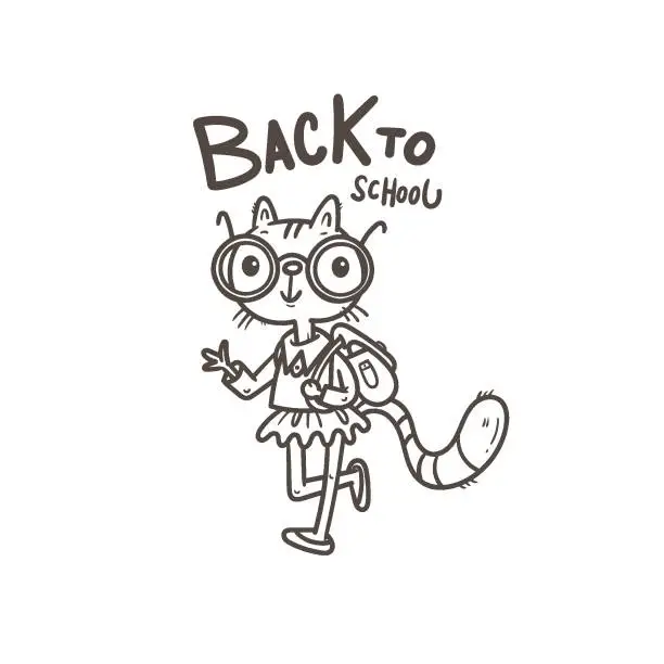 Vector illustration of Back to school vector card. Cute cartoon cat schoolgirl with backpack. Contour image no fill.