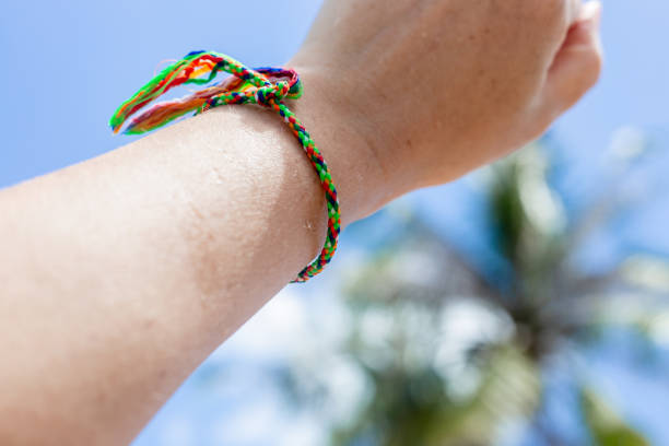 istock Colored thread on a woman's wrist. Sai Sin, rope tied by a monk, Thai tradition 1546954793