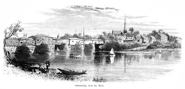 Schenectady, by the Hudson  and Mohawk Rivers, New York State, USA. Pencil and pen, engraving published 1874. This edition edited by William Cullen Bryant is in my private collection. Copyright is in public domain.