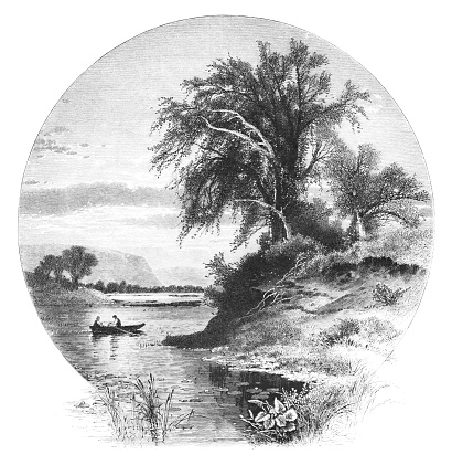 People rowing a boat on a lake in upstate New York, USA. Pencil and pen, engraving published 1874. This edition edited by William Cullen Bryant is in my private collection. Copyright is in public domain.