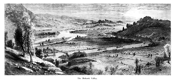 Mohawk Valley, New York State, USA. Pencil and pen, engraving published 1874. This edition edited by William Cullen Bryant is in my private collection. Copyright is in public domain.
