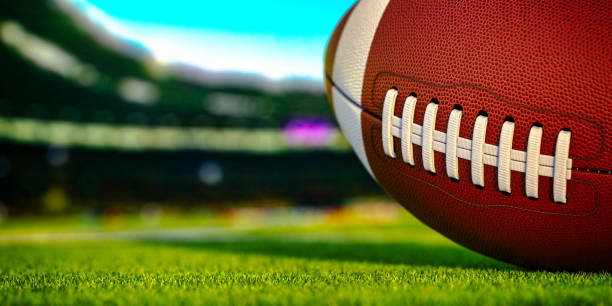 American football ball on grass of football American football ball on grass of football,3d illustration stitched image stock pictures, royalty-free photos & images