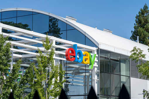 eBay's welcome center at eBay 's headquarters campus in San Jose, California, USA - June 11, 2023. eBay Inc. is an American multinational e-commerce company.