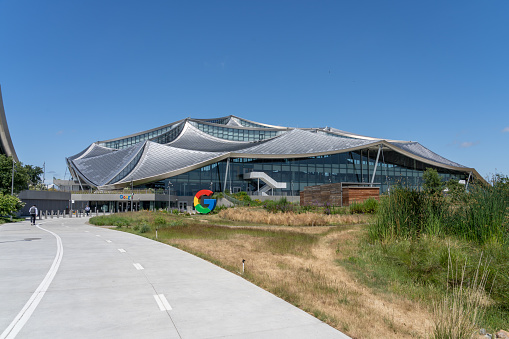 Exterior view of Google Bay View corporate campus in Mountain View, California, USA - June 8, 2023. Google Bay View Campus is located on a 42-acre site adjacent to NASA Ames Research Center.