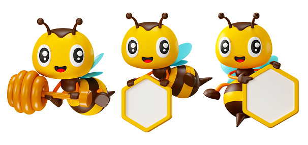 3D cartoon cute honey bee character set with different poses. Cute Bee holding honeycomb shaped signboard and honey dipper. 3d rendering illustration mascot set.