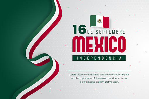 16 De Septembre Independencia De México. Mexico Independence Day 16th September banner with flag ribbon and confetti illustration