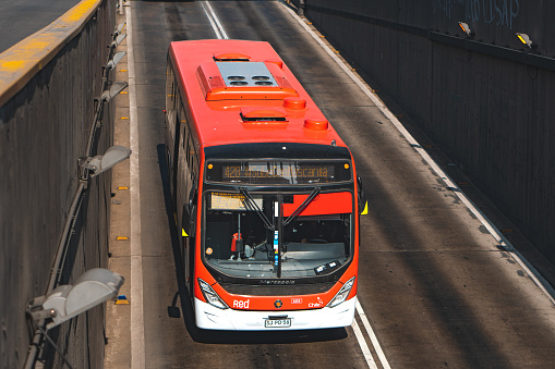 Santiago, Chile - May 05 2023: A public transport Transantiago, or Red Metropolitana de Movilidad, bus doing route 428