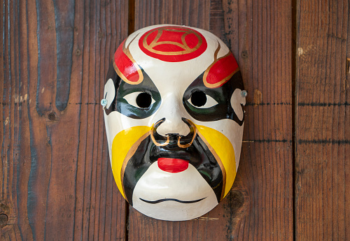 Chinese masks on wooden boards, theatrical masks