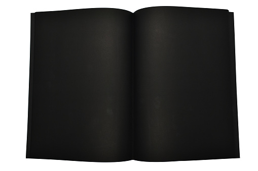 blank open black notebook isolated on white background, craft paper texture