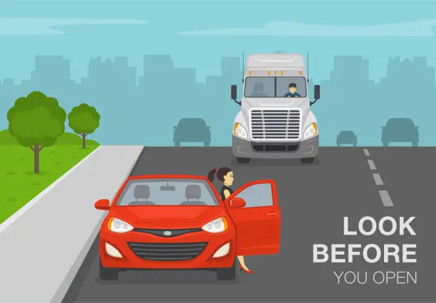Vector illustration of Safe driving tips and rules. Female driver getting out of a red car on the street. Car with open door.