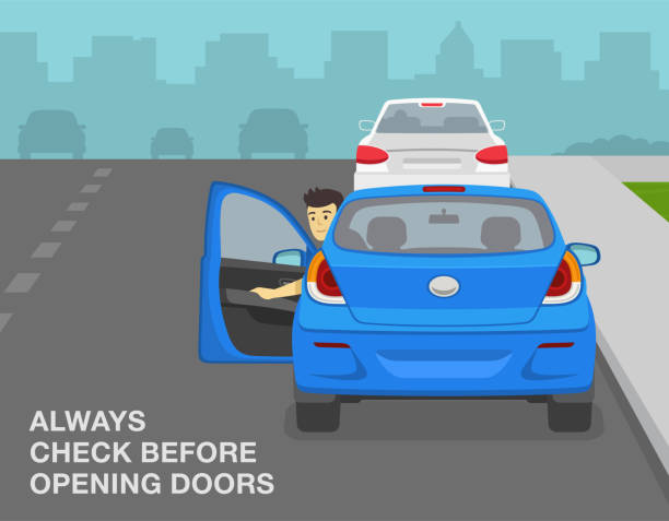Safe driving tips and traffic regulation rules. Always check before opening doors. Male driver opens car door and looks back. Safe driving tips and traffic regulation rules. Always check before opening doors. Male driver opens car door and looks back. Flat vector illustration template. guy open car door stock illustrations