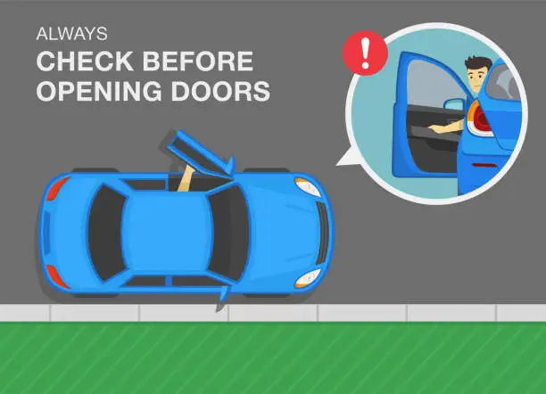 Vector illustration of Safe driving tips and rules. Always check before opening doors. Close-up of male driver looking back while opening the front door. Top view.