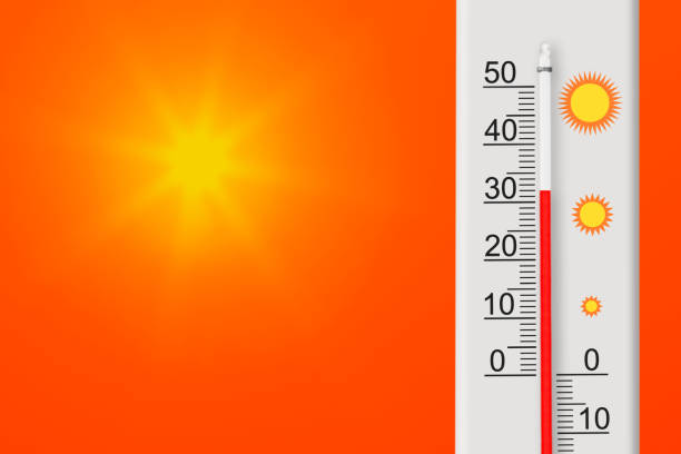 istock Celsius scale thermometer shows plus 32 degrees . Yellow sun in red sky. Summer heat 1547376069