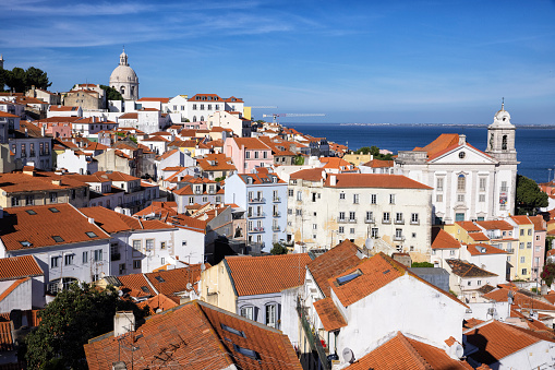 An aerial view of city skyline at Lisbon Baixa district.