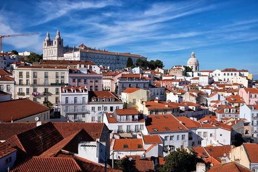 An aerial view of city skyline at Lisbon Baixa district.
