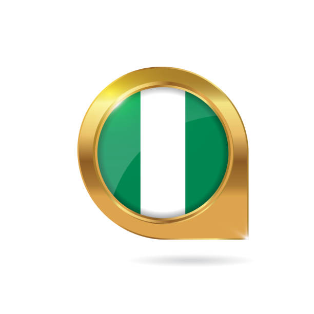 ナ��イジェリアの旗の位置マップピン、アイコン国の金色のフレーム付きポインター - nigerian flag nigerian culture three dimensional shape nigeria点のイラスト素材／クリップアート素材／マンガ素材／アイコン素材