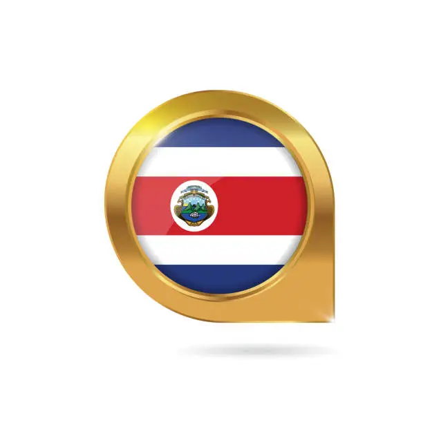 Vector illustration of Costa Rica flag location map pin, pointer with icon country gold frame