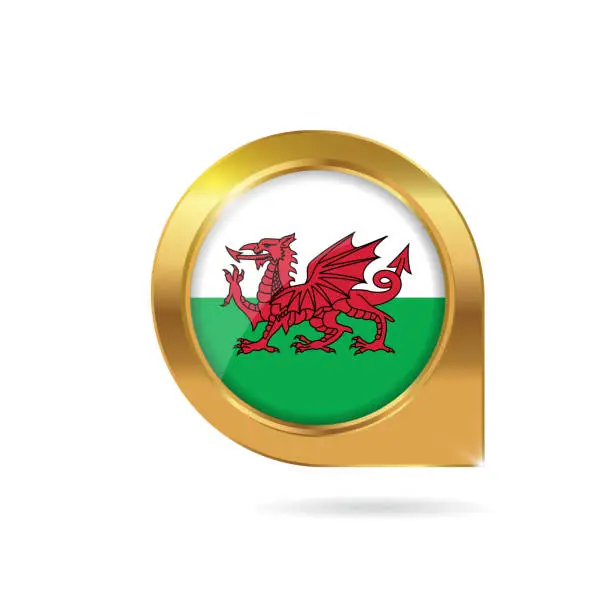 Vector illustration of Wales flag location map pin, pointer with icon country gold frame