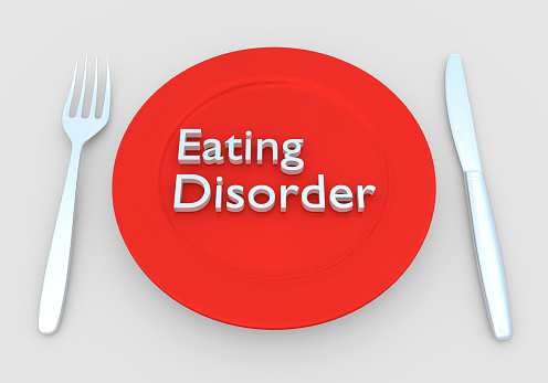 3D illustration of a white script Eating Disorder on an empty red plate along with silver knif and fork on a gray map.