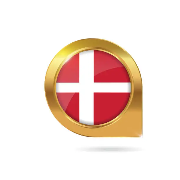 Vector illustration of Denmark flag location map pin, pointer with icon country gold frame
