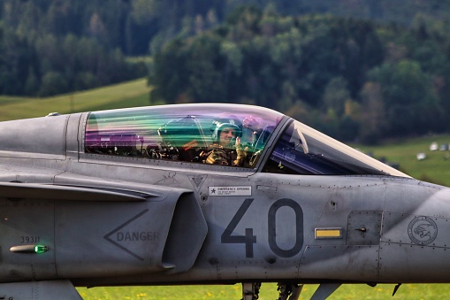 Zeltweg, Austria – September 03, 2022: The pilot in Saab JAS 39 Gripen ready to take off