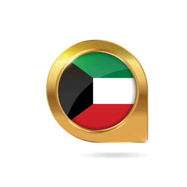 Vector illustration of Kuwait flag location map pin, pointer with icon country gold frame