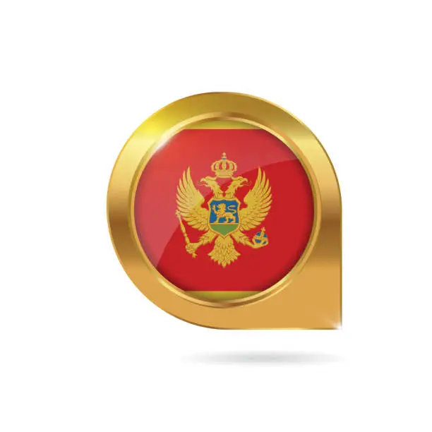 Vector illustration of Montenegro flag location map pin, pointer with icon country gold frame