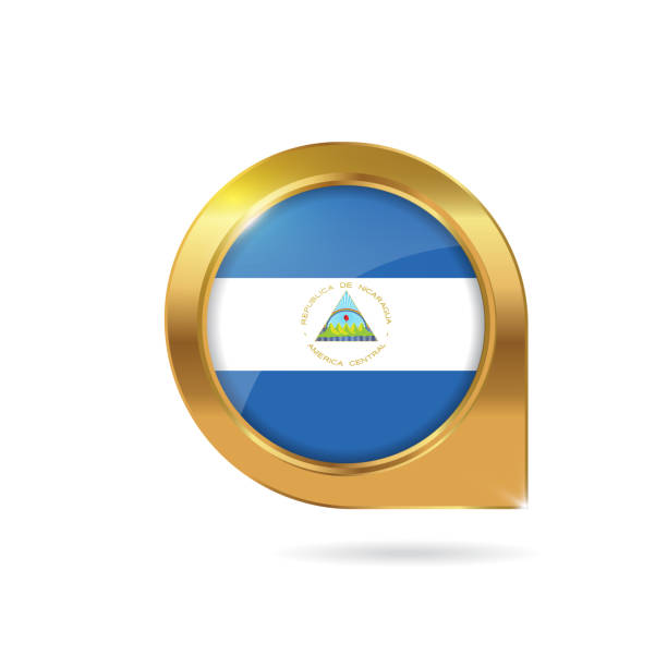 Nicaragua flag location map pin, pointer with icon country gold frame Nicaragua flag location map pin, pointer with icon country gold frame. Vector illustration eps10 flag of nicaragua stock illustrations