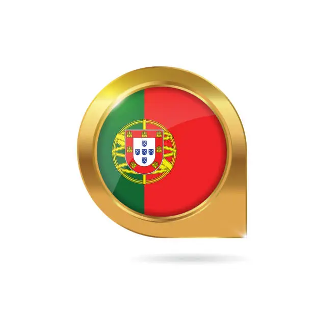 Vector illustration of Portugal flag location map pin, pointer with icon country gold frame