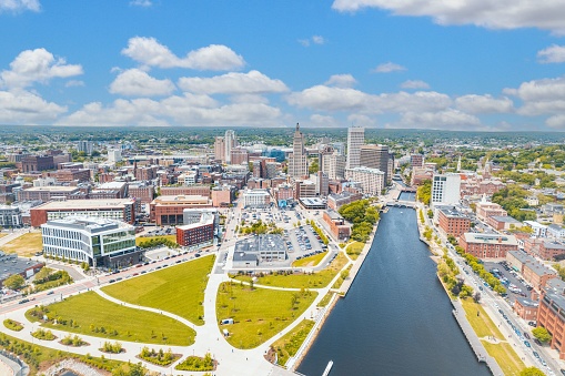An aerial view of downtown Providence and the Providence River in Rhode Island