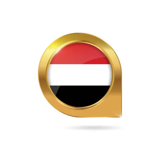Vector illustration of Yemen flag location map pin, pointer with icon country gold frame