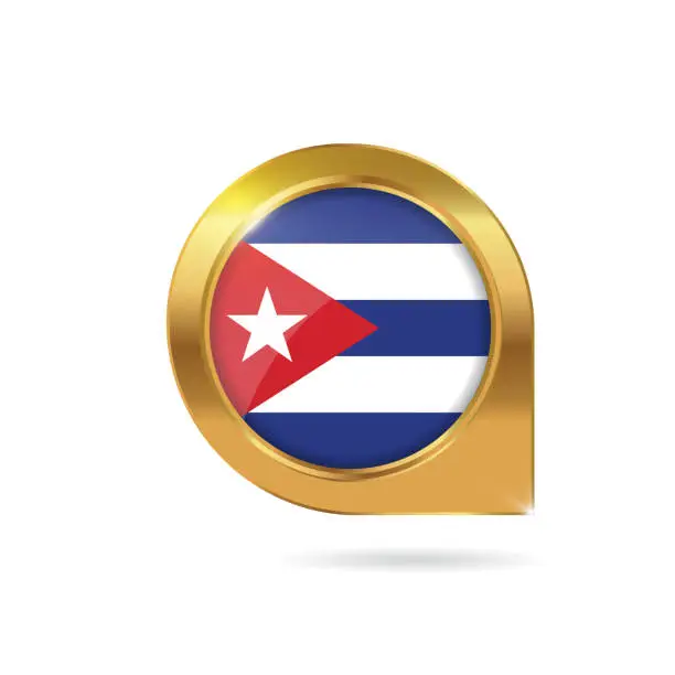 Vector illustration of Cuba flag location map pin, pointer with icon country gold frame