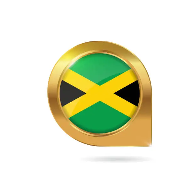 Vector illustration of Jamaica flag location map pin, pointer with icon country gold frame