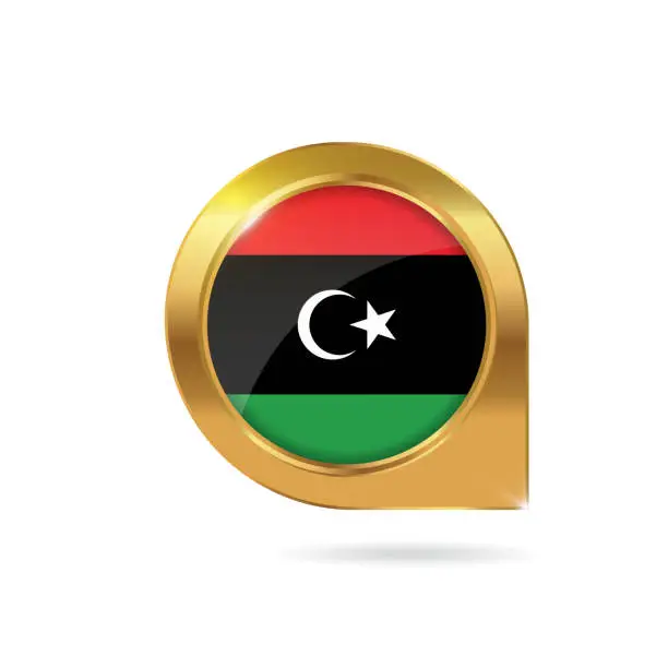 Vector illustration of Libya flag location map pin, pointer with icon country gold frame