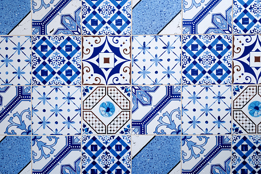 Traditional ornate portuguese decorative tiles azulejos. Vintage pattern house decoration. Horizontal abstract background