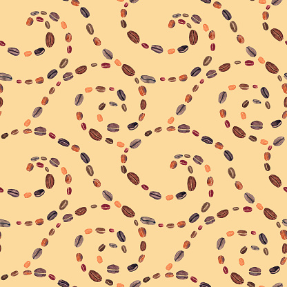 Watercolor seamless hand drawn pattern with coffee beans