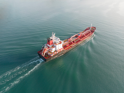 Aerial view of LPG ship tanker transportation crude oil from refinery on the Marmara Sea. Passing under Yavuz Sultan Selim Bridge.