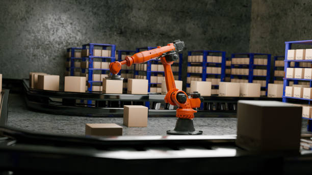 istock Arm Robot AI manufacture Box product Object for manufacturing industry technology Product export and import of future For Products, food, cosmetics, apparel warehouse mechanical future technology 1547641498