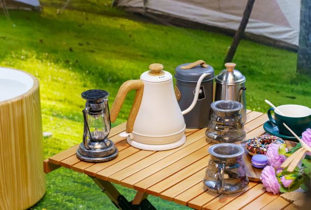 Breakfast and coffee while camping together in a natural park