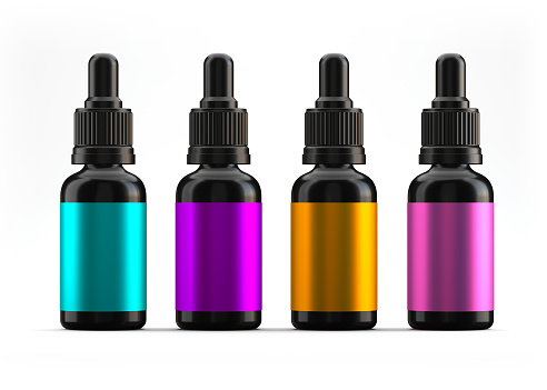 Amber Glass dropper bottles cosmetic serum mockup, with color labels isolated on white background