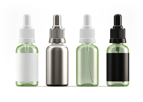 Different cosmetic serum dropper bottles 3D render, care product packaging