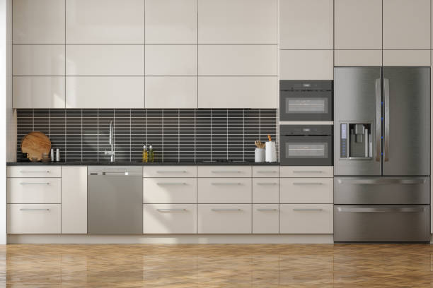 istock Modern Kitchen Interior With Front View Of Cabinets, Refrigerator, Dishwasher And Oven 1547688623