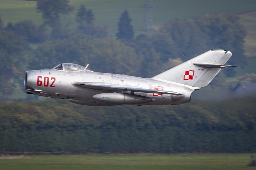 Zeltweg, Austria - 9.2.2022: Historic sovjet fighter jet MIG 15 from Poland taking off at an airshow in Zeltweg in Austria