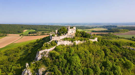 Aerial view of historic Falkenstein castle in the Weinviertel area in Austria, Europe