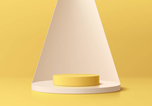 istock 3D background realistic yellow and white cylinder pedestal podium on round desk or table scene. Wall minimal mockup cosmetic product display. Abstract 3D vector geometric platforms. Stage showcase. 1547718532