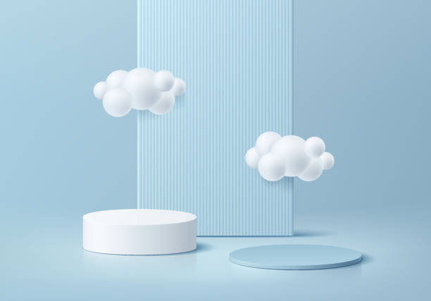 istock 3D background realistic white blue cylinder pedestal podium set with floating cloud scene. Wall minimal mockup cosmetic product display. Abstract geometric platforms. Stage showcase. Vector rendering. 1547720082