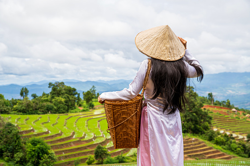 Young Vietnamese woman looking at beautiful rice terraces. Countryside culture and farm wearing wear at mountains.