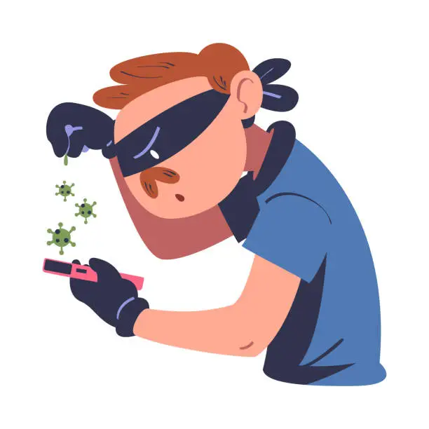 Vector illustration of Virus attack. Masked cyber thief hacking smartphone. Cyber security and crime, data protection cartoon vector illustration