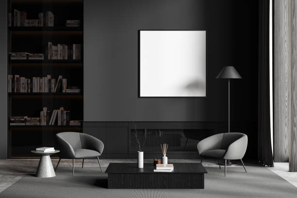 istock Cozy relax room interior armchairs and shelf with books, fireplace. Mockup frame 1547749486